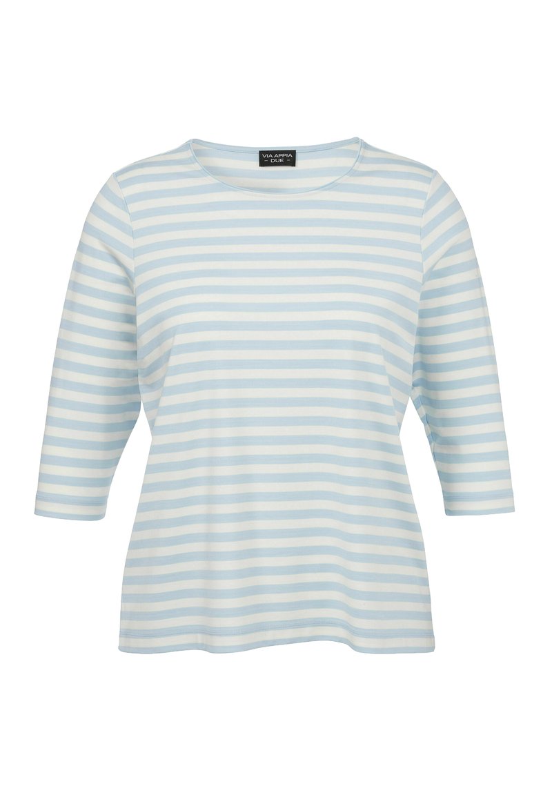 Blauw-wit gestreepte top met een ronde hals en driekwart mouwen, gemaakt van zachte katoen, ontworpen voor comfort.