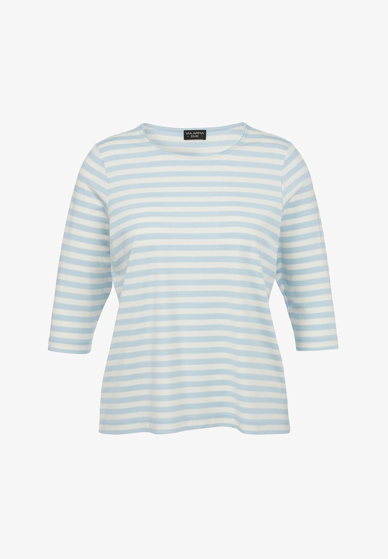 Blauw-wit gestreepte top met een ronde hals en driekwart mouwen, gemaakt van zachte katoen, ontworpen voor comfort.