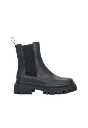 Black leather ankle boots featuring ribbed elastic sides, thick rubber soles, and a rounded toe design. Includes a pull tab for easy wear.