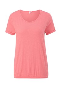 T-shirt rose à manches courtes avec un col rond, texture douce et ourlet légèrement froncé. Le tissu semble léger et décontracté.