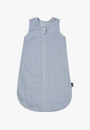 Light blue sleeveless sleep sack made of textured material, featuring a central zip closure and rounded bottom hem for comfort.