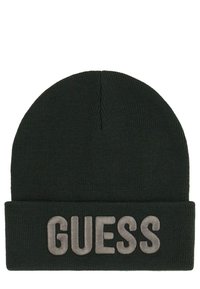 Beanie verde lavorato a maglia con risvolto e la parola "GUESS" ricamata in grigio. Design semplice con una finitura testurizzata.