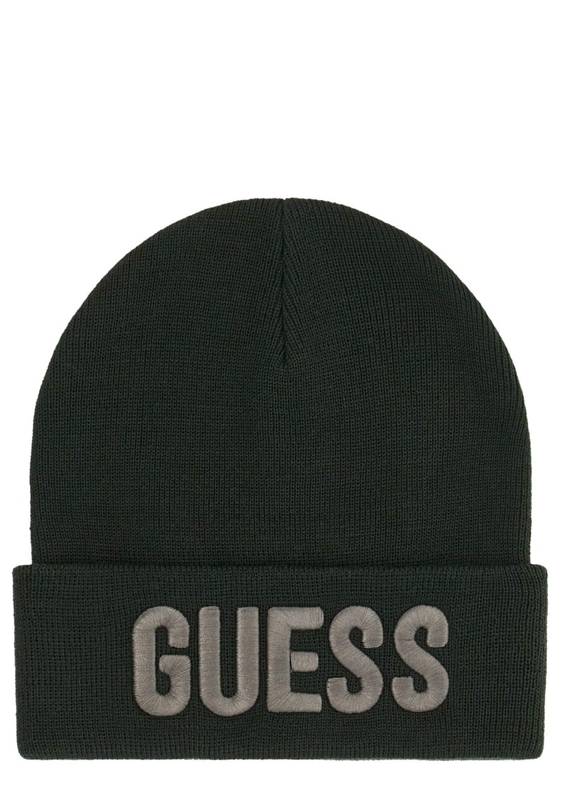 Beanie verde lavorato a maglia con risvolto e la parola "GUESS" ricamata in grigio. Design semplice con una finitura testurizzata.