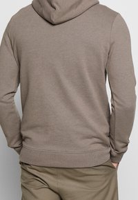 Felpa marrone con cappuccio regolabile, maniche lunghe e polsini a costine. Il tessuto appare morbido con una texture liscia.