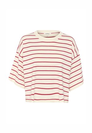 Valge lühikeste varrukatega crop top punaste horisontaalsete triipudega. Omab ümmargust kaelust ja pehmet, kerget kangast. Mugav istuvus.