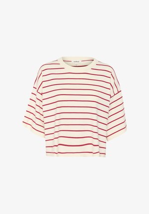 Valge lühikeste varrukatega crop top punaste horisontaalsete triipudega. Omab ümmargust kaelust ja pehmet, kerget kangast. Mugav istuvus.