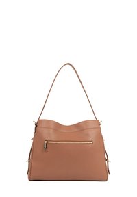 Borsa a mano in pelle marrone con tracolla singola e tasca frontale con zip orizzontale, superficie testurizzata e dettagli in fibbia laterali.