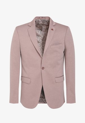Blazer rosa chiaro su misura con tessuto strutturato, rever a incavo, due tasche frontali e fodera interna fantasia. Chiusura con un solo bottone.