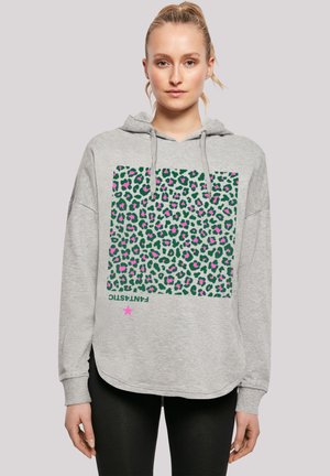 Gray hoodie with a relaxed fit, featuring a bold green and pink leopard print graphic on the front. Highlighted with a star accent.