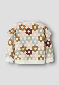 Lengvas puloveris su pasteliniu šešiakampiu gėlių raštu rožinės, rudos ir mėlynos spalvų. Turi raukšlėtas rankoves ir ribotą apačią.