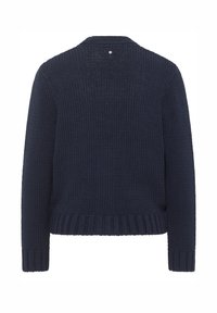 Mörkblå stickad kofta med ribbat nederkant och ärmslut, med en texturerad väv och en liten metalldetalj på övre ryggen.