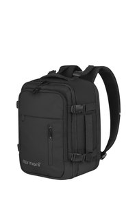 Schwarzer Rucksack mit rechteckiger Form, aus strapazierfähigem Stoff. Verfügt über verstellbare Träger, mehrere Reißverschlusstaschen und ein markiertes Logo.