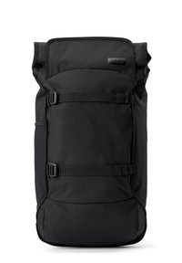 Black roll-top backpack made of durable fabric, featuring adjustable buckles, side pockets, and a sleek, streamlined design.