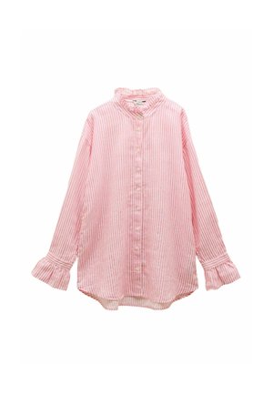 Langärmlige Bluse mit vertikalen pink- und weißen Streifen, Rüschen an den Manschetten und dem Kragen, durchgehender Knopfleiste und lockerer Passform.