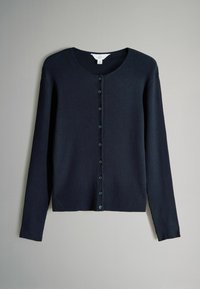 Cardigan a coste navy con maniche lunghe, collo rotondo e chiusura frontale con bottoni abbinati. Tessuto morbido e design aderente.