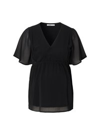 Zwarte blouse met een V-hals, korte fluttermouwen en een elastische tailleband. Gemaakt van lichtgewicht, gestructureerde stof voor een comfortabele pasvorm.