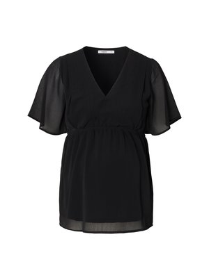 Black blouse with a v-neck, short flutter sleeves, and an elastic waistband. Made of lightweight, textured fabric for a relaxed fit.
