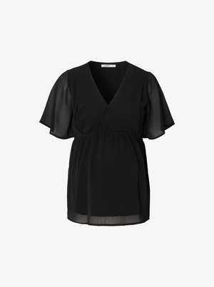 Czarna bluzka z dekoltem w serek, krótkimi falbanastymi rękawami oraz elastycznym paskiem w talii. Wykonana z lekkiego, strukturalnego materiału dla swobodnego dopasowania.