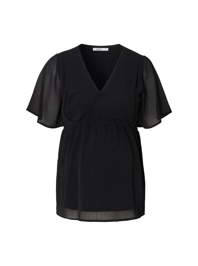 Zwarte blouse met een V-hals, korte fluttermouwen en een elastische tailleband. Gemaakt van lichtgewicht, gestructureerde stof voor een comfortabele pasvorm.