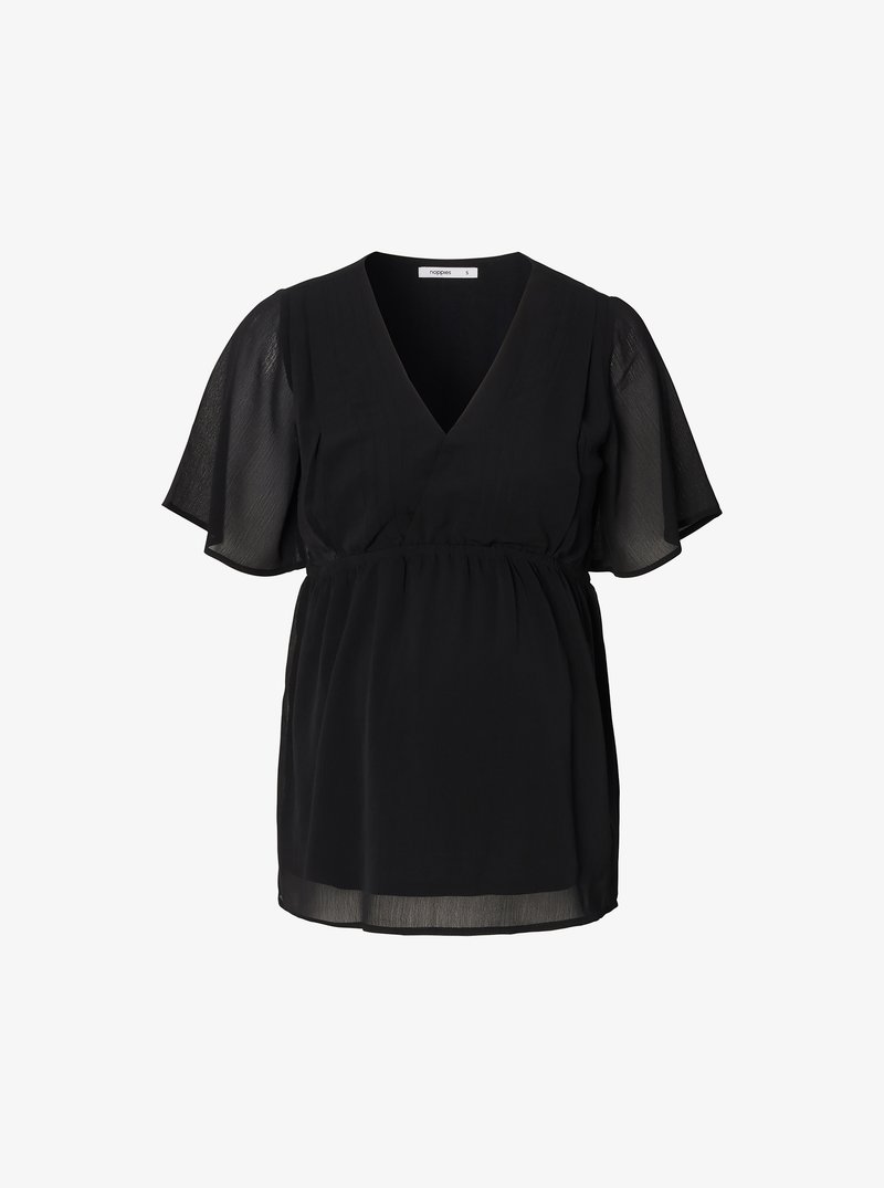 Zwarte blouse met een V-hals, korte fluttermouwen en een elastische tailleband. Gemaakt van lichtgewicht, gestructureerde stof voor een comfortabele pasvorm.