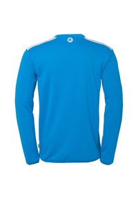 Långärmad blå sporttröja med vita axelaccenter, mjuk textur, rundad hals och en logotyp i nacken.