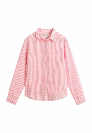 Roze-wit verticale gestreepte blouse met lange mouwen, knopen, kraag en manchetten, plat liggend op een witte achtergrond.
