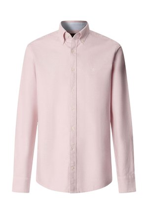 Svetloružová dlhá košeľa na gombíky s golierom na gombíky a jemne vyšitým logom na ľavej strane hrudníka.