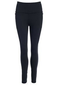 Leggings negros con cintura alta, fabricados en tejido elástico. Textura suave y diseño ajustado, sin patrones visibles ni elementos de metal.