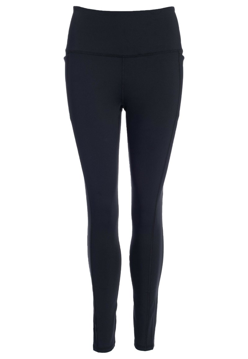 Leggings negros con cintura alta, fabricados en tejido elástico. Textura suave y diseño ajustado, sin patrones visibles ni elementos de metal.