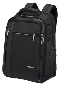 Zaino nero realizzato in nylon resistente; presenta numerose tasche con zip, una maniglia imbottita e spallacci regolabili; design elegante.