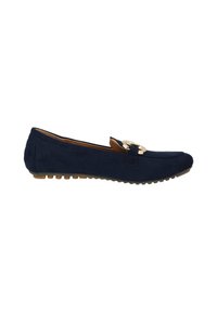 Scarpa piatta in suede blu navy con punta rotonda, accessori in metallo dorato e suola in gomma testurizzata per aderenza e comfort.