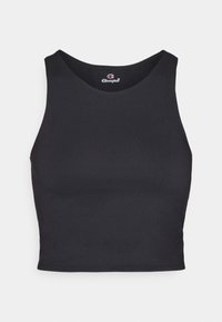 Black crop top made from smooth, stretchy fabric with a round neckline and wide shoulder straps. Features no visible logos or embellishments.