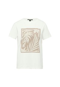 White cotton t-shirt featuring a beige botanical print inside a square outline. Short sleeves and a classic crew neck design.