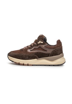 Brown and beige sneaker with textured suede and leather panels, thick sole, and lace-up closure shown from the side on a white background.