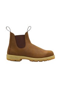 Botas Chelsea de cuero marrón con panel lateral elástico, tirador y suela de goma marrón. Punta redondeada y textura suave.