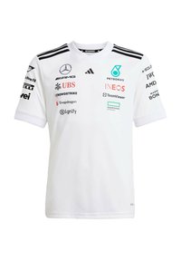 Bijela kratka majica od poliestera s crnim prugama, koja sadrži razne logotipe u boji. Dizajn s okruglim izrezom, regularna kroja, glatke teksture.