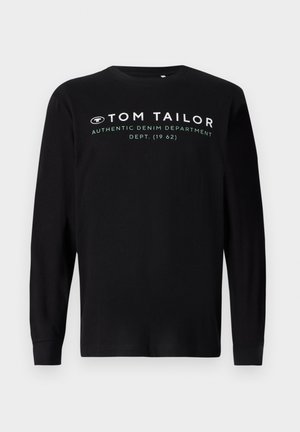 Maglietta nera a maniche lunghe in cotone, con scollatura a girocollo e logo bianco "TOM TAILOR AUTHENTIC DENIM DEPARTMENT" sulla parte anteriore.