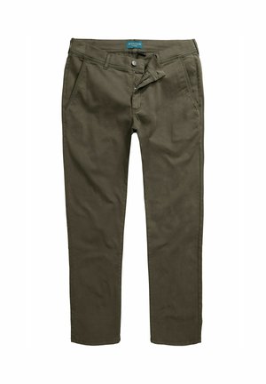 Olivgrüne, schmal geschnittene Baumwollhosen mit Reißverschluss und Knopfverschluss. Mit zwei seitlichen Taschen und einer subtilen Struktur im gesamten Stoff.