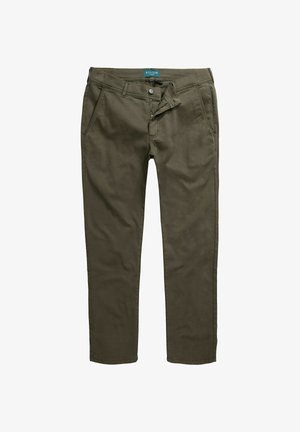 Oliven grønne, slim-fit bomuldsbukser med lynlås og knaplukning. Har to sidelommer og en subtil tekstur over det hele.