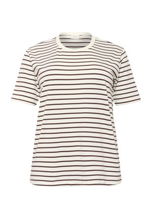T-shirt à manches courtes rayé en crème avec des rayures horizontales bordeaux foncé. Il présente un col rond et une coupe décontractée. Matière en coton doux.