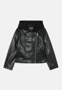 Black faux leather jacket with a hoodie. Features a zippered front, angled chest pocket, and horizontal side pockets. Smooth texture.
