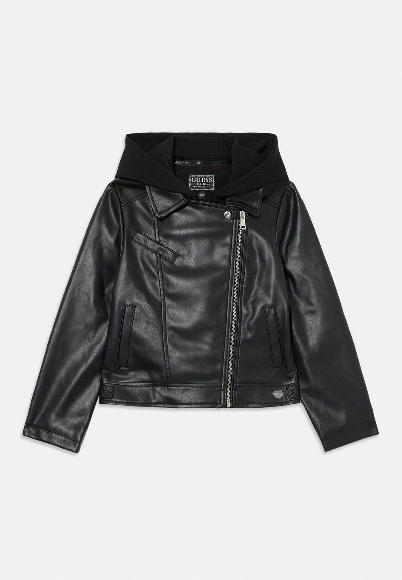 Black faux leather jacket with a hoodie. Features a zippered front, angled chest pocket, and horizontal side pockets. Smooth texture.