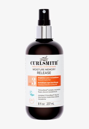 Curlsmith Moisture Memory Release leave-in conditioner spray voor golvend of krullend haar, veganistisch, 237 ml fles met zwarte spraydop.