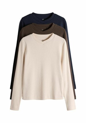 THE SET, REGULAR FIT - HIGH V-NECK LONG SLEEVE T-SHIRTS 3 PACK . - Langarmshirt - navy blue cream brown