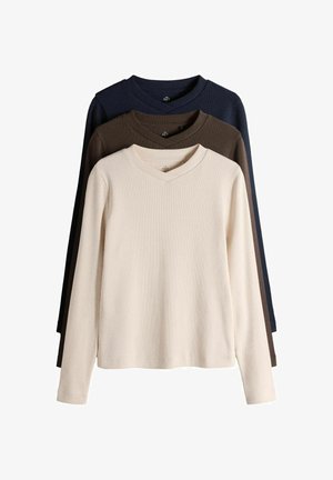 THE SET, REGULAR FIT - HIGH V-NECK LONG SLEEVE T-SHIRTS 3 PACK . - Langarmshirt - navy blue cream brown