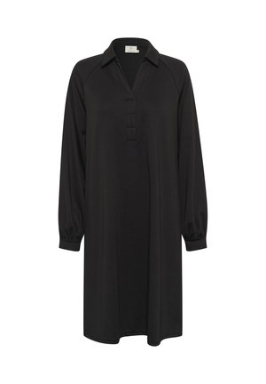 Melna kleita ar apkakli, pogu rindas priekšpusē un garām raglanu piedurknēm ar elastīgiem aprocēm; izgatavota no gludas, maigas auduma.