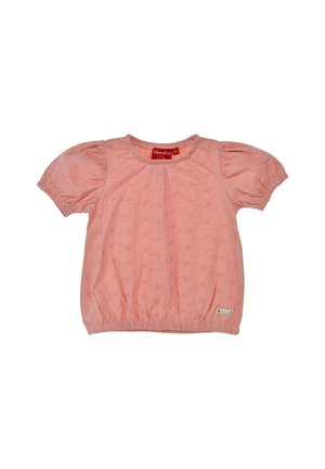 Hellrosa Babybluse mit kurzen Ärmeln, Puffärmeln, elastischem Saum und Halsausschnitt, dezentem Blumenmuster und kleinem Etikett unten.