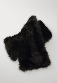 Black faux fur shawl featuring a textured, fluffy surface with uneven, jagged edges. The material appears soft and dense.