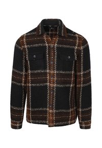 Geruite shirtjack gemaakt van gestructureerde stof, met zwarte, bruine en witte patronen, twee borstzakken en knoopsluiting.