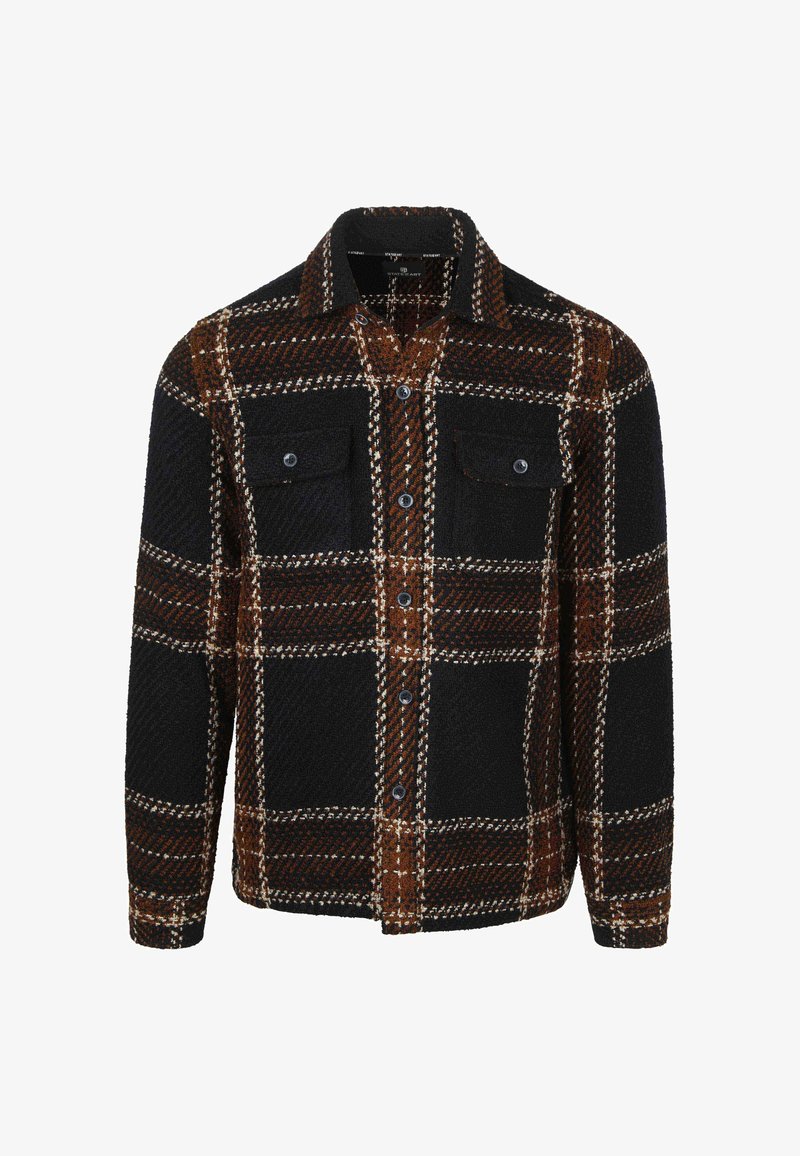 Geruite shirtjack gemaakt van gestructureerde stof, met zwarte, bruine en witte patronen, twee borstzakken en knoopsluiting.